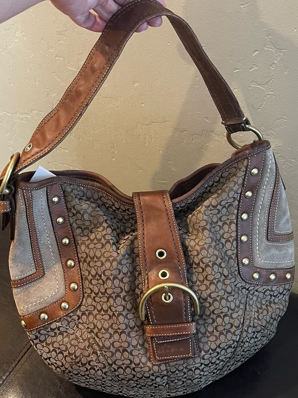 vintage Coach Soho Signature Canvas Suede Studded Hobo Bag y2k brown buckle